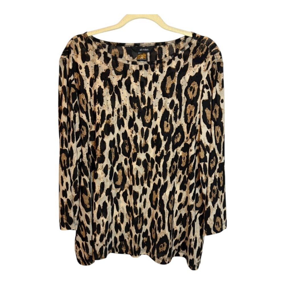 Ali‎ Miles Blouse Women's Size XL Rhinestone Cheetah Print Lightweight